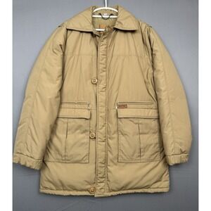 Vintage 60s Pacific Trail Down Puffer Parka Mens Large Khaki Tan 70s Leather Tag